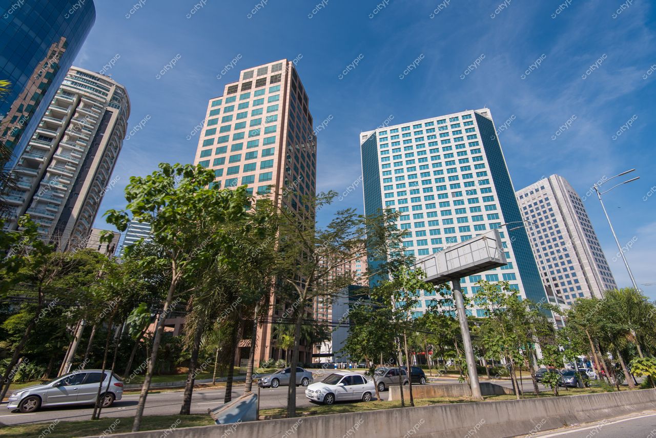 São Paulo, São Paulo, vista diurna com edifícios modernos, faixa verde de árvores e tráfego urbano ativo