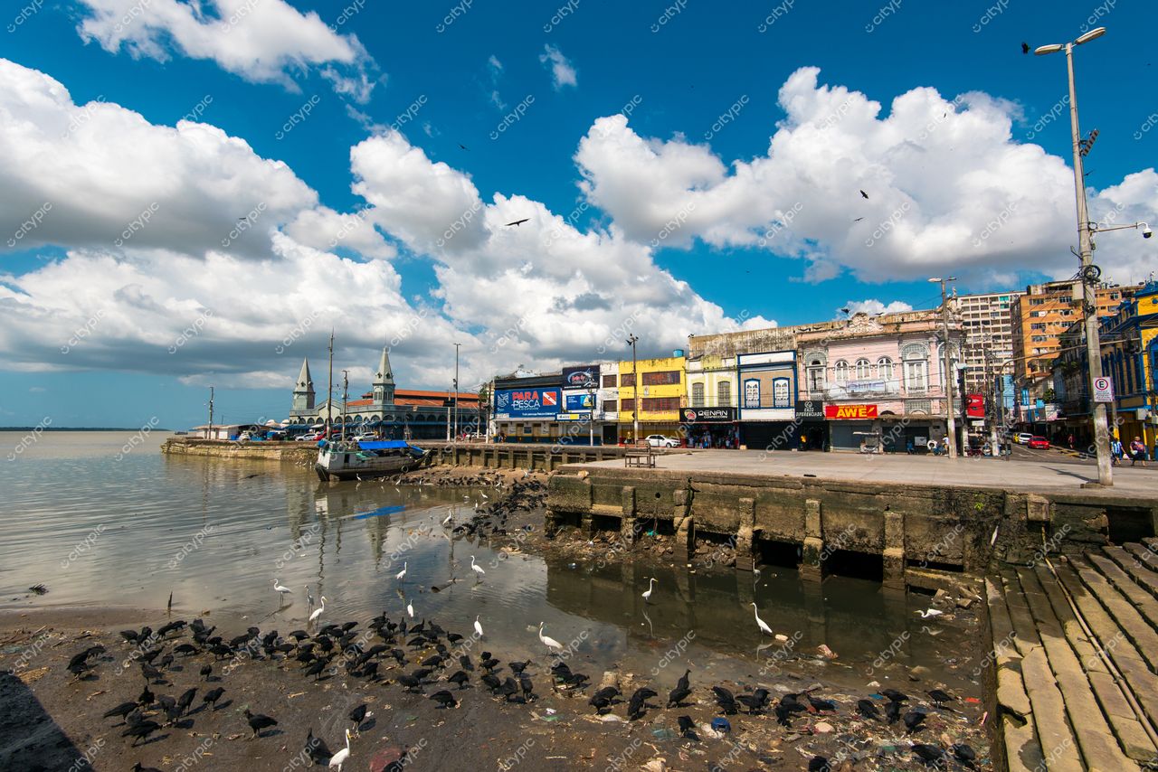 Belém, Pará, orla com edifícios históricos coloridos, aves na água e barco atracado em dia claro