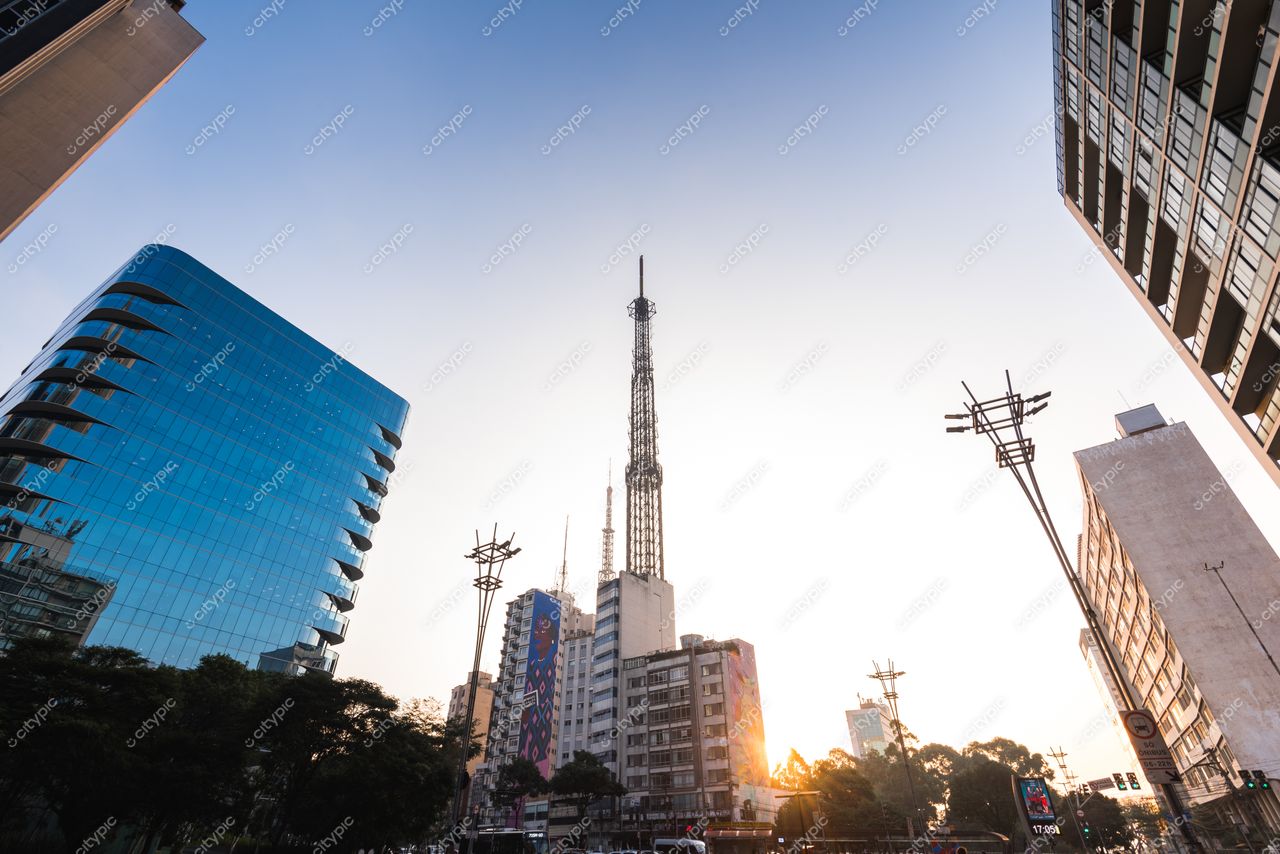 São Paulo, São Paulo, vista urbana com edifícios modernos e antigos sob a luz suave do amanhecer