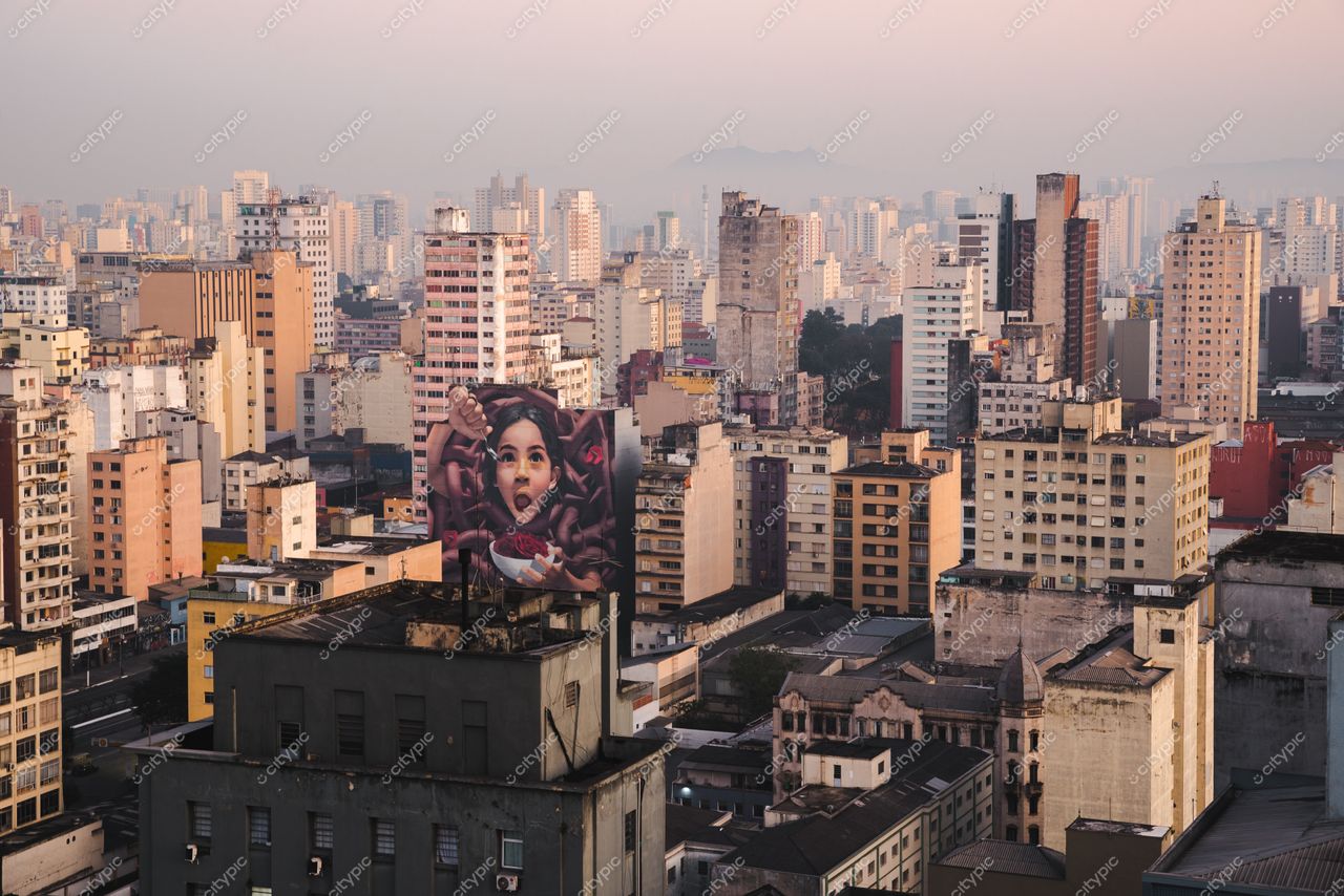 São Paulo, São Paulo, vista panorâmica ao amanhecer com mural de mulher expressiva e arranha-céus iluminados