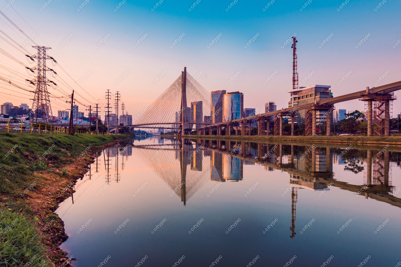 São Paulo, São Paulo, vista da ponte estaiada refletida no rio ao amanhecer com arranha-céus e vegetação
