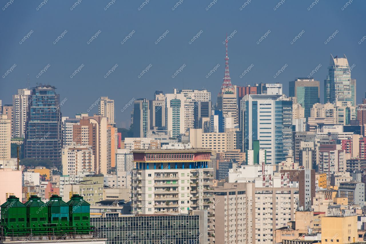São Paulo, São Paulo, vista panorâmica em dia ensolarado com arranha-céus e edificações baixas com telhados verdes