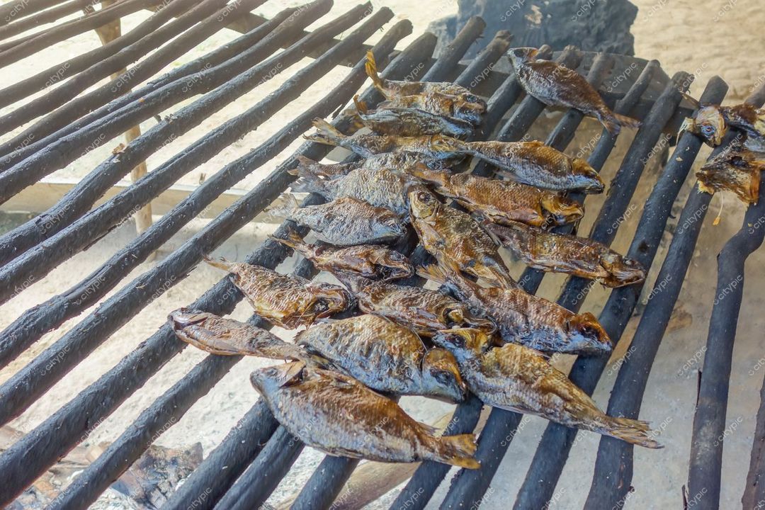 Manaus, Amazonas, mesa rústica com peixes assados em ambiente ao ar livre e vegetação da floresta tropical ao fundo
