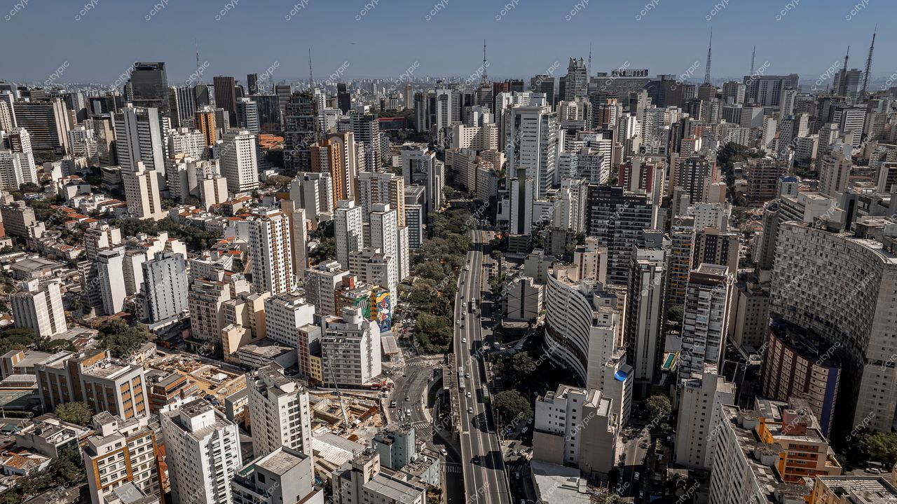 São Paulo, São Paulo, vista panorâmica com arranha-céus e áreas verdes sob iluminação diurna e tráfego intenso