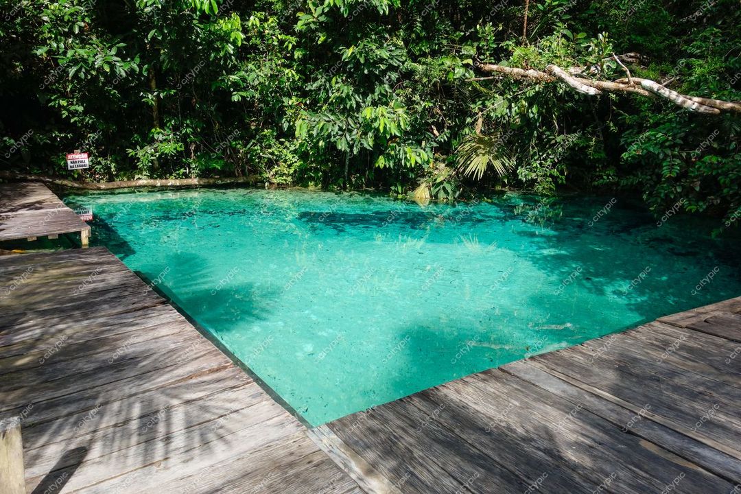 Presidente Figueiredo, Amazonas, piscina natural com água azul clara e estrutura de madeira em meio à vegetação densa