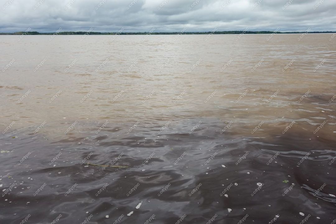 Manaus, Amazonas, corpo d’água com interação de águas claras e escuras sob céu nublado e vegetação ao fundo