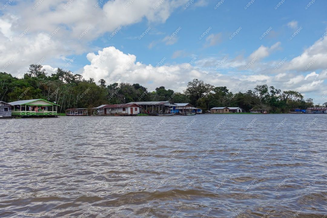 Manaus, Amazonas, vista de comunidade ribeirinha com casas coloridas em palafitas e vegetação densa ao redor