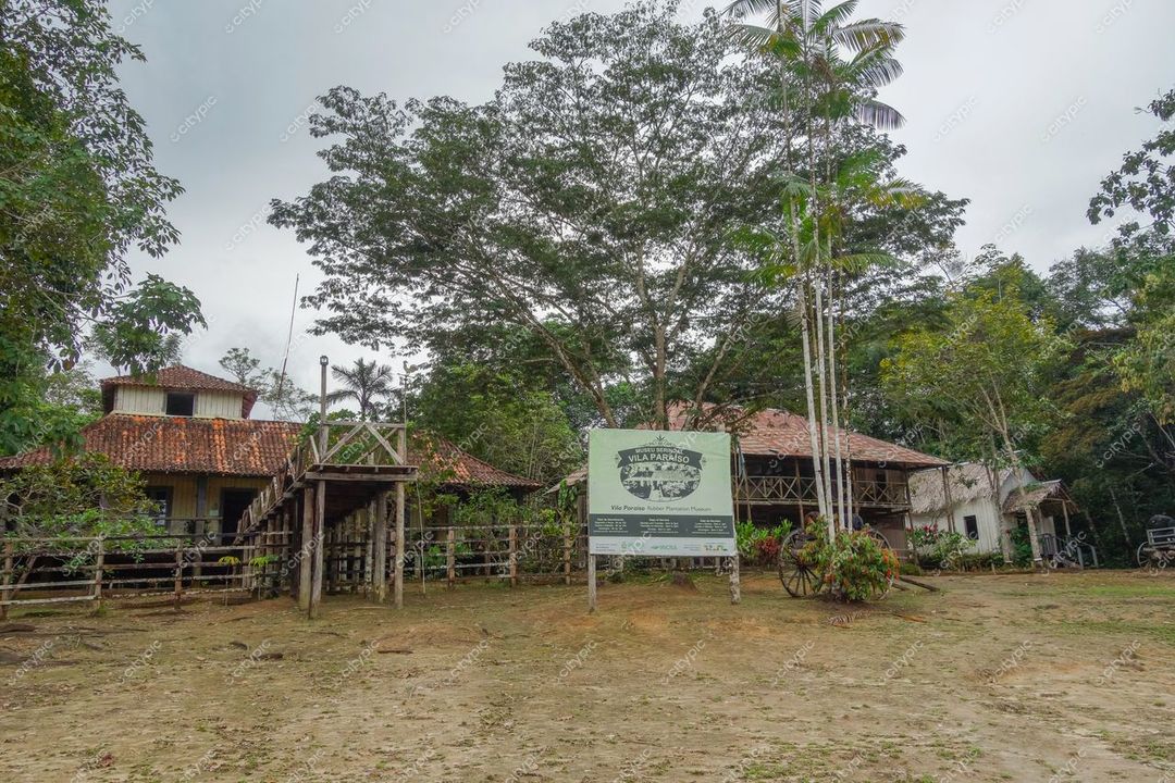 Manaus, Amazonas, construção colonial com telhados de cerâmica e grande árvore em ambiente rural tranquilo e nublado