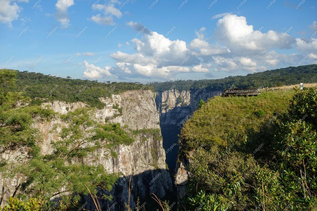 Cambará do Sul, Rio Grande do Sul, cânion com paredes rochosas altas e vegetação densa sob céu parcialmente nublado