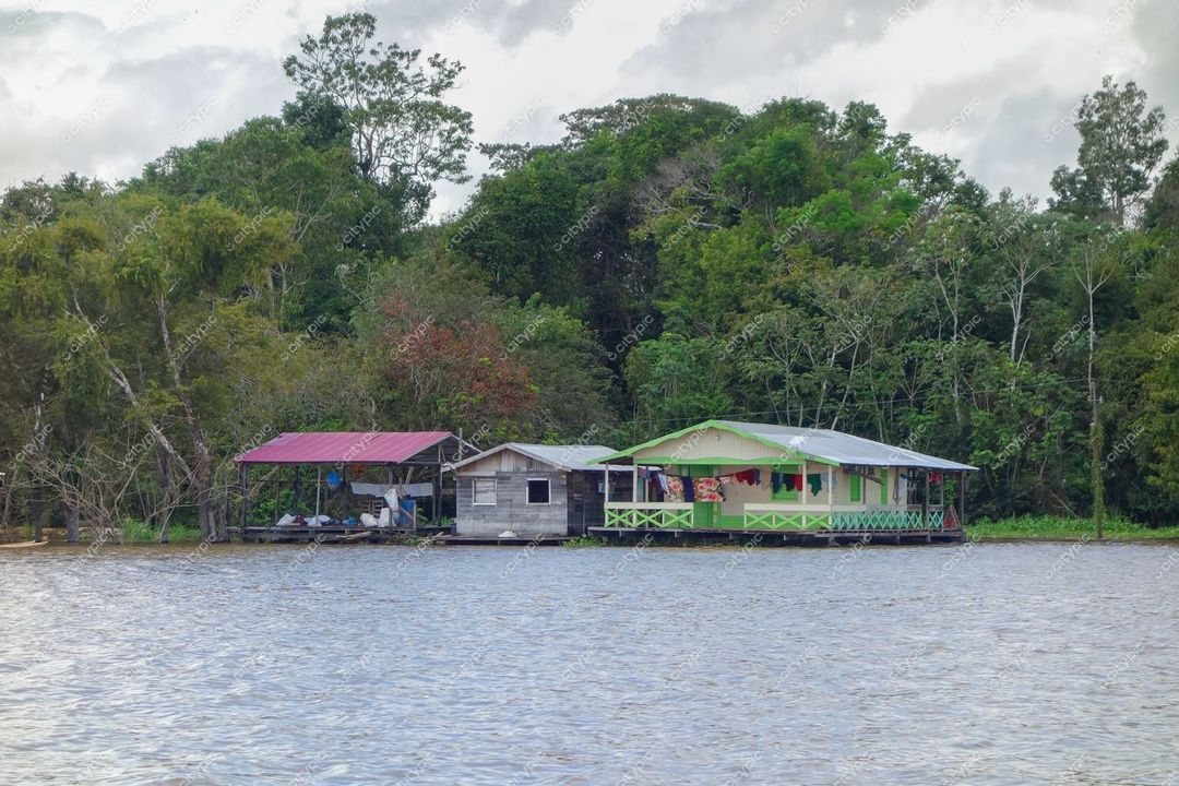 Manaus, Amazonas, paisagem lacustre com casas palafitadas e vegetação densa sob céu nublado e iluminação suave
