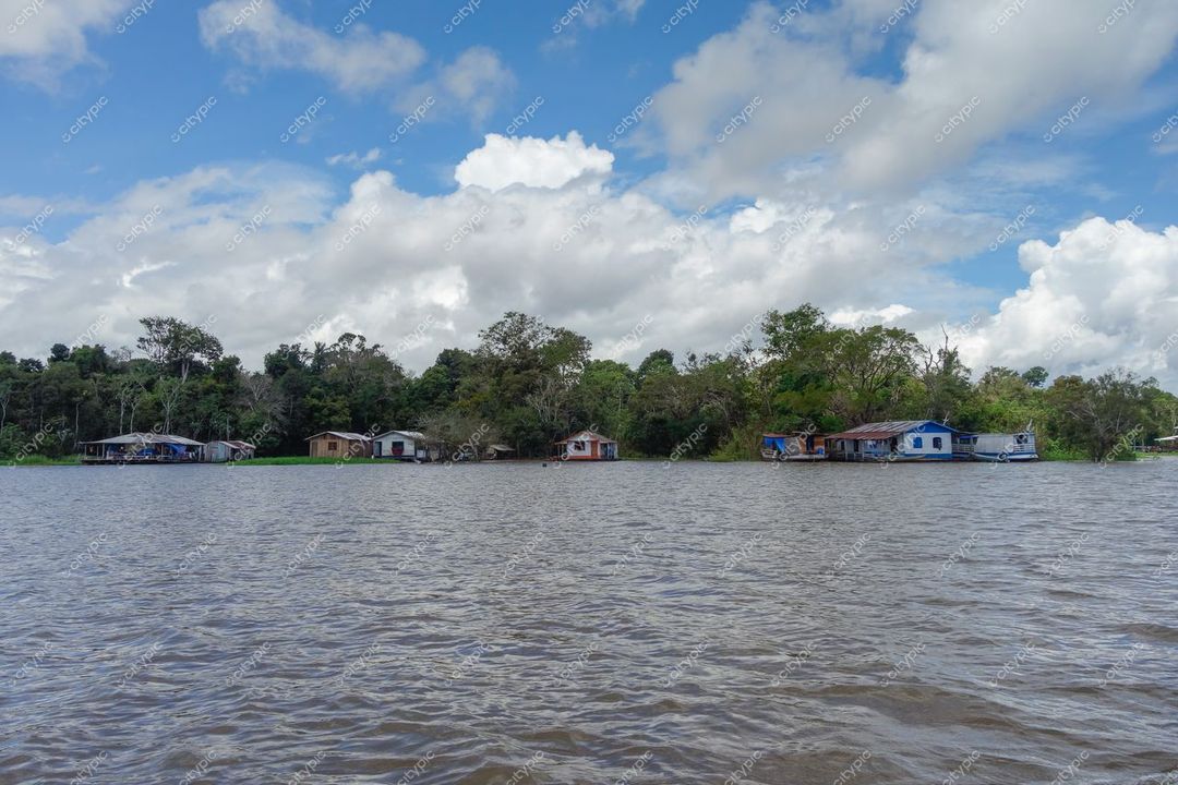Manaus, Amazonas, vista serena com casas coloridas à margem do rio e vegetação densa sob céu nublado