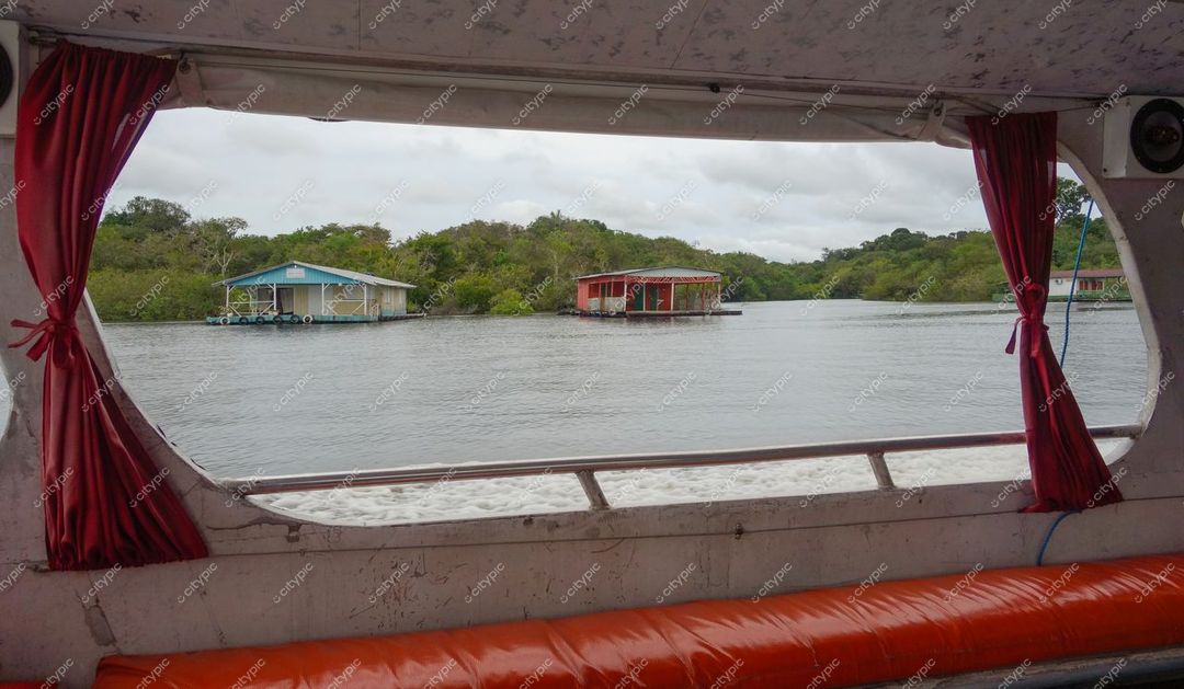 Manaus, Amazonas vista panorâmica do rio com casas flutuantes rústicas e vegetação densa em dia nublado
