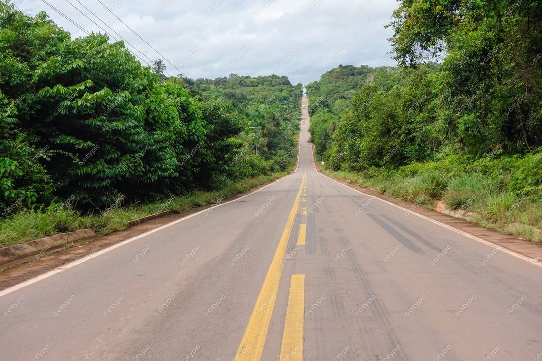 Presidente Figueiredo, Amazonas, estrada pavimentada cercada por vegetação tropical sob céu nublado e sem tráfego