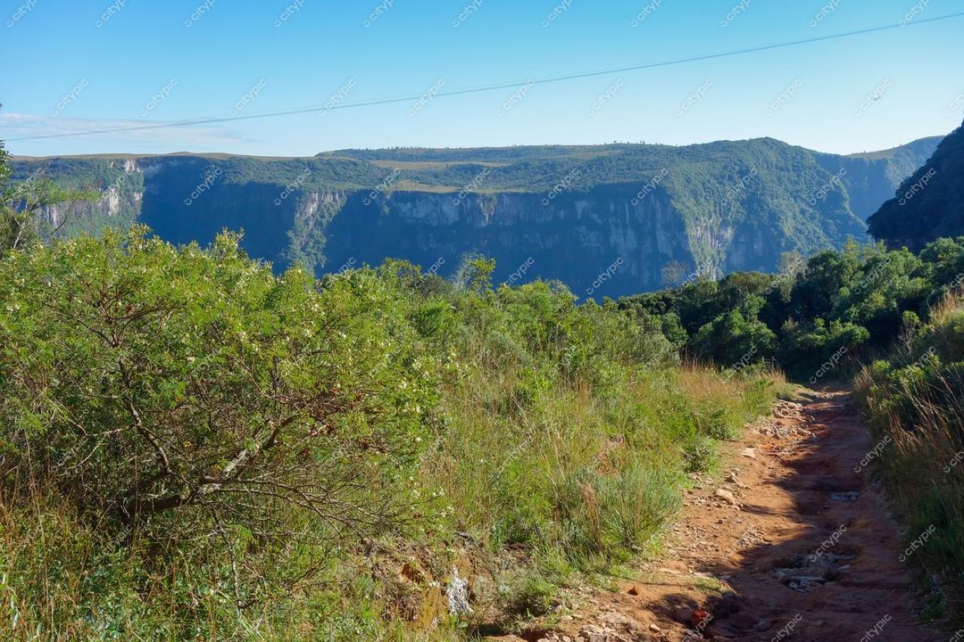 Cambará do Sul, Rio Grande do Sul, trilha de terra com altiplanos verdes sob céu azul em dia ensolarado