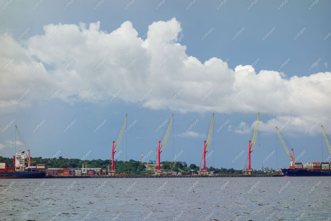 Manaus, Amazonas, porto com guindastes vermelhos e vegetação ao fundo sob céu parcialmente nublado e luz suave