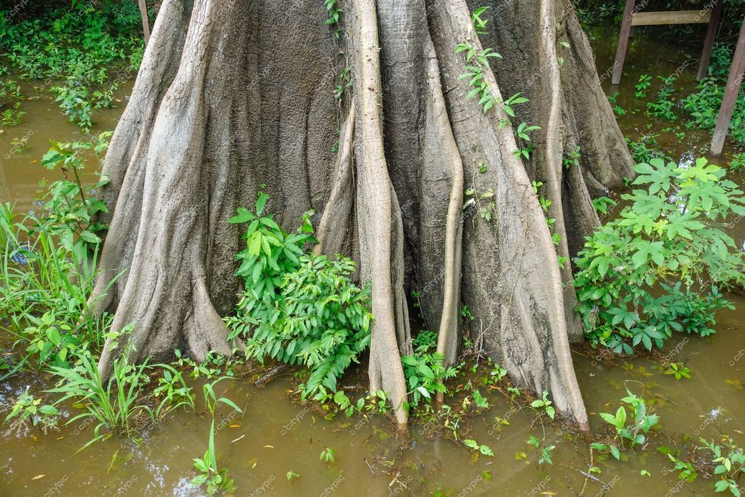 Manaus, Amazonas, tronco de árvore submerso em água com raízes expostas e vegetação rasteira em dia claro