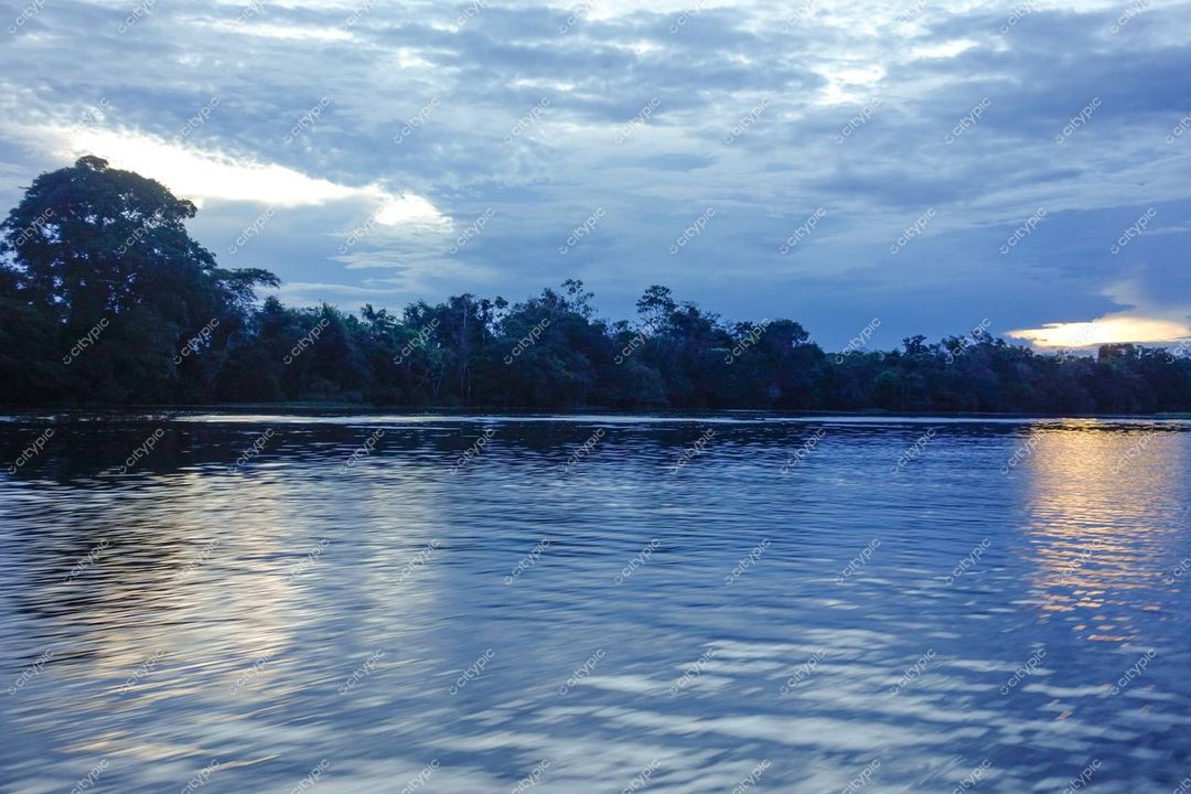 Manaus, Amazonas, vista serena do rio ao entardecer com reflexos azuis e laranjas na água e vegetação iluminada