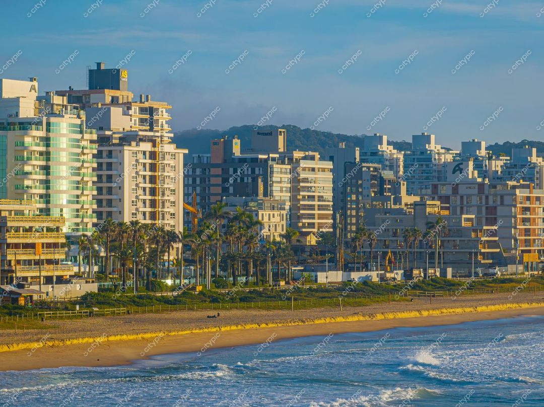 Itajaí, Santa Catarina com prédios modernos à beira-mar e palmeiras sob iluminação suave ao amanhecer ou entardecer