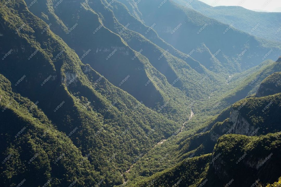 Cambará do Sul, Rio Grande do Sul, relevo montanhoso com vegetação densa e curso d’água em dia ensolarado