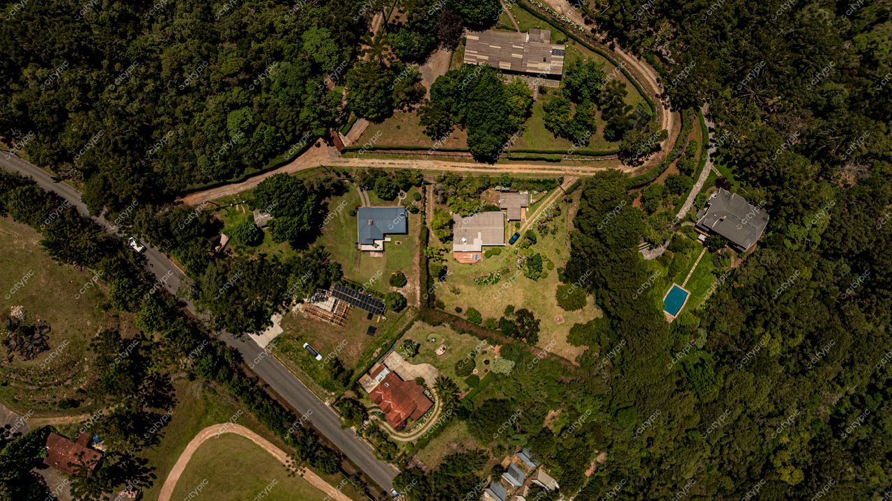 Campos do Jordão, São Paulo, vista aérea de área residencial com casas, jardins e vegetação densa em dia ensolarado