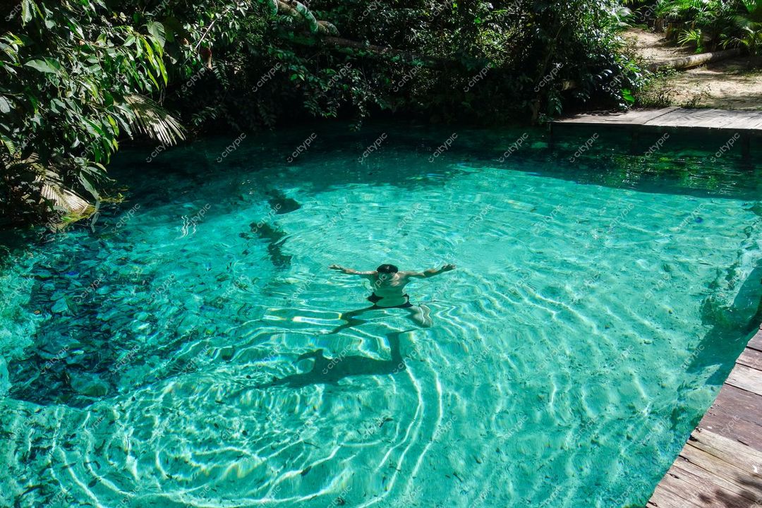 Presidente Figueiredo, Amazonas, piscina natural com água cristalina e vegetação refletida sob luz solar intensa