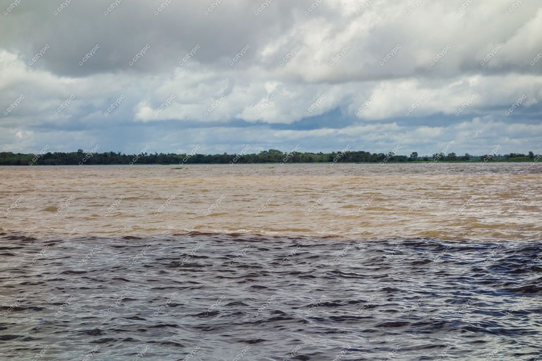 Manaus, Amazonas, encontro das águas com divisão clara entre tonalidades marrons e escuras sob céu nublado