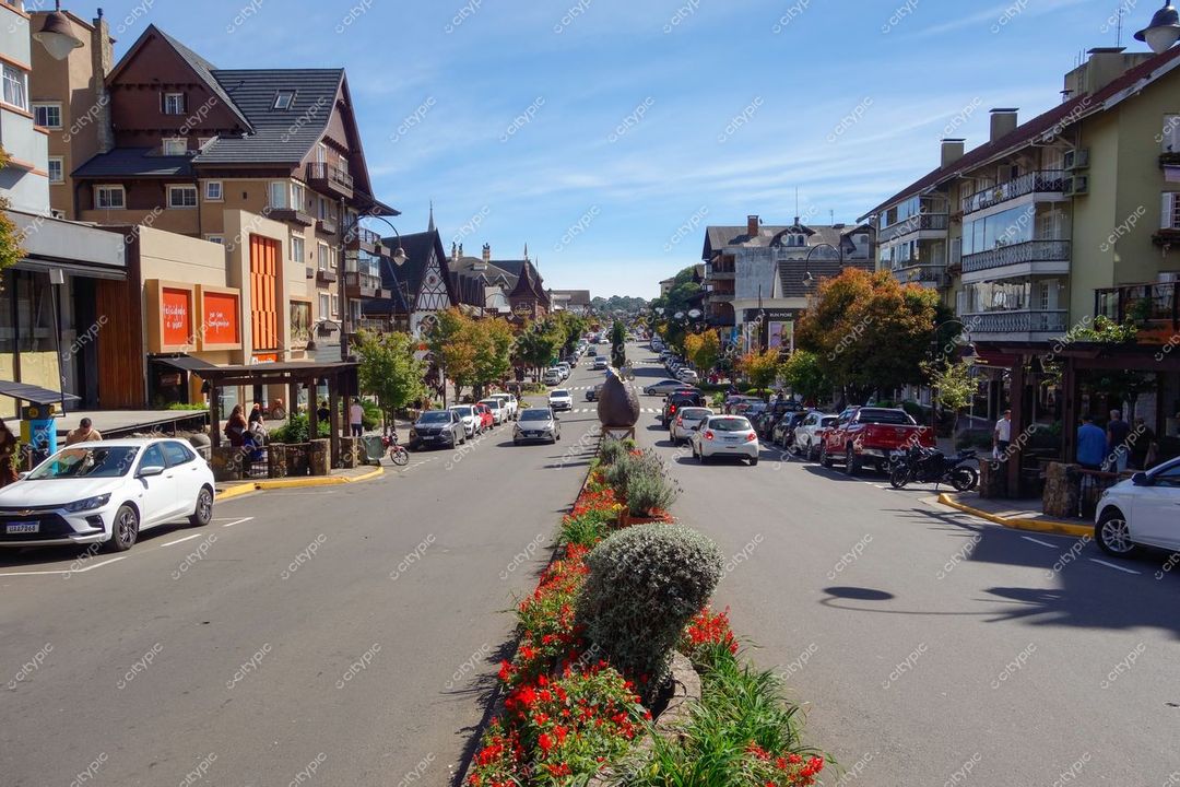Gramado, Rio Grande do Sul vista da Rua Borges de Medeiros com arquitetura em madeira e canteiro florido sob céu ensolarado