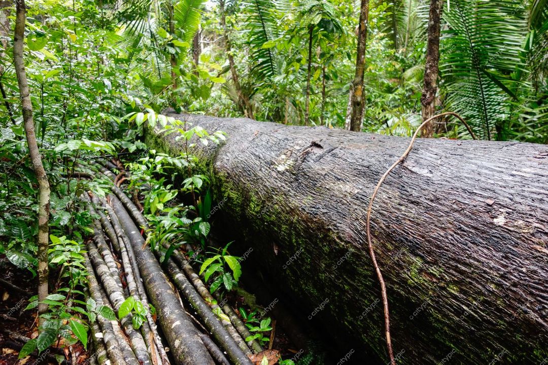 Manaus, Amazonas, tronco de árvore caído em floresta tropical com vegetação densa e luz natural filtrada