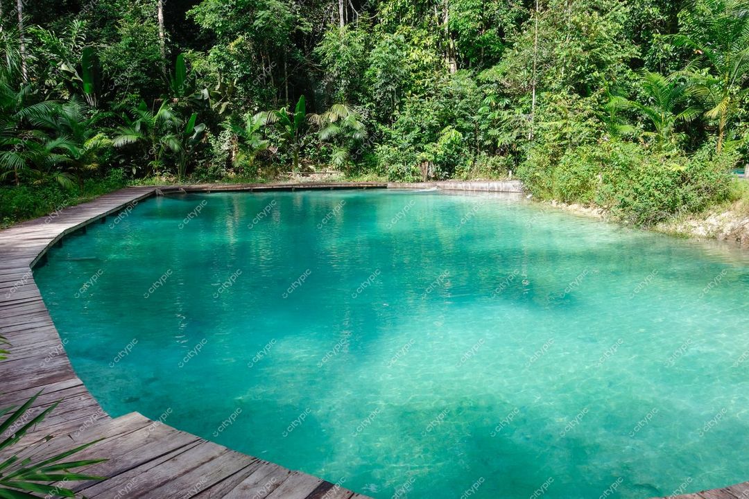Presidente Figueiredo, Amazonas, lago de águas cristalinas com passarela de madeira e vegetação densa ao redor