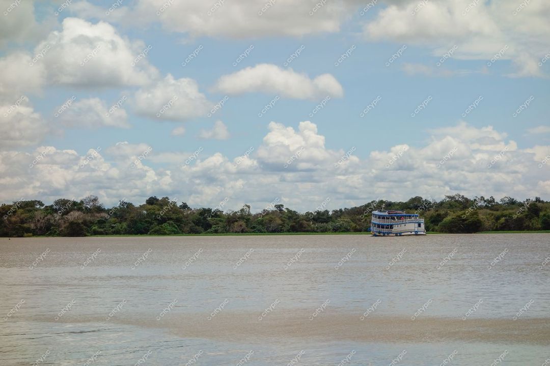 Manaus, Amazonas em dia ensolarado com barco de turismo no Rio Amazonas e vegetação exuberante ao fundo