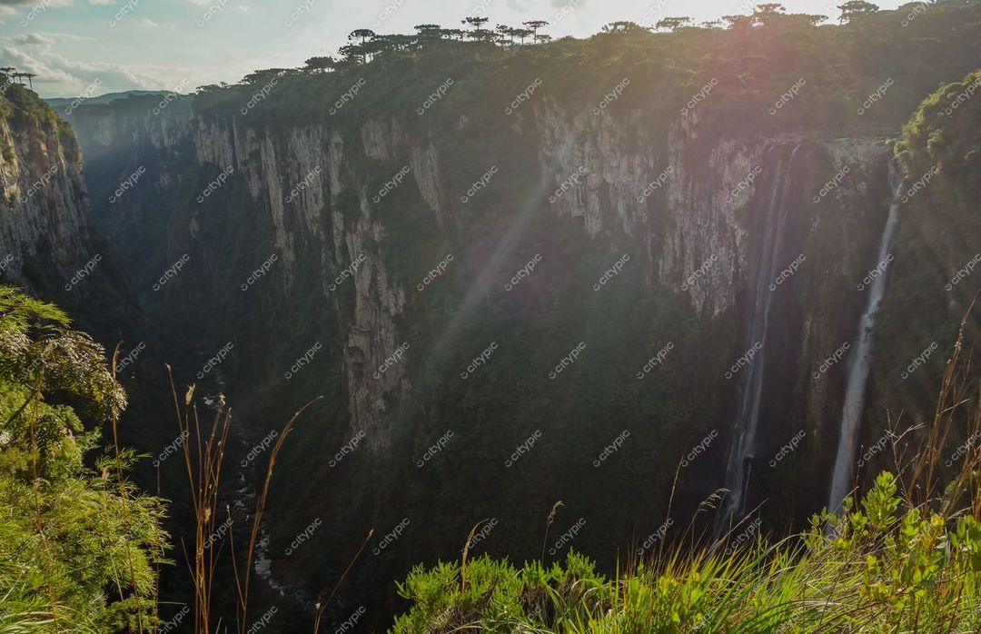 Cambará do Sul, Rio Grande do Sul, canyon com cachoeira em vale profundo e vegetação densa ao entardecer