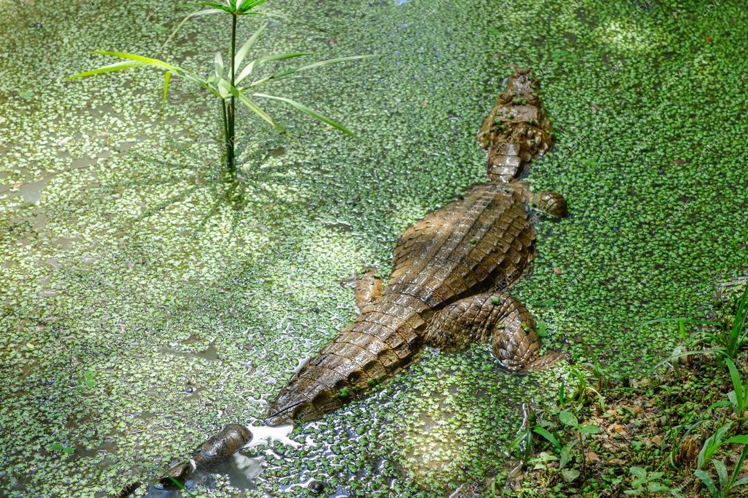 Manaus, Amazonas, crocodilo parcialmente submerso em área alagada com vegetação densa e luz solar destacando detalhes