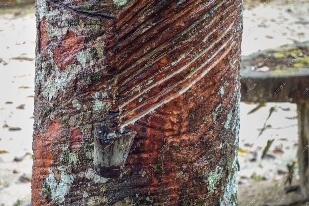 Manaus, Amazonas, tronco de árvore cortada com marcas de extração de látex e recipiente em ambiente diurno