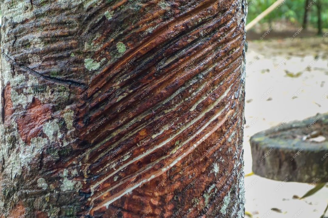 Manaus, Amazonas, tronco de árvore com marcas de extração de látex em meio à vegetação densa e iluminação suave