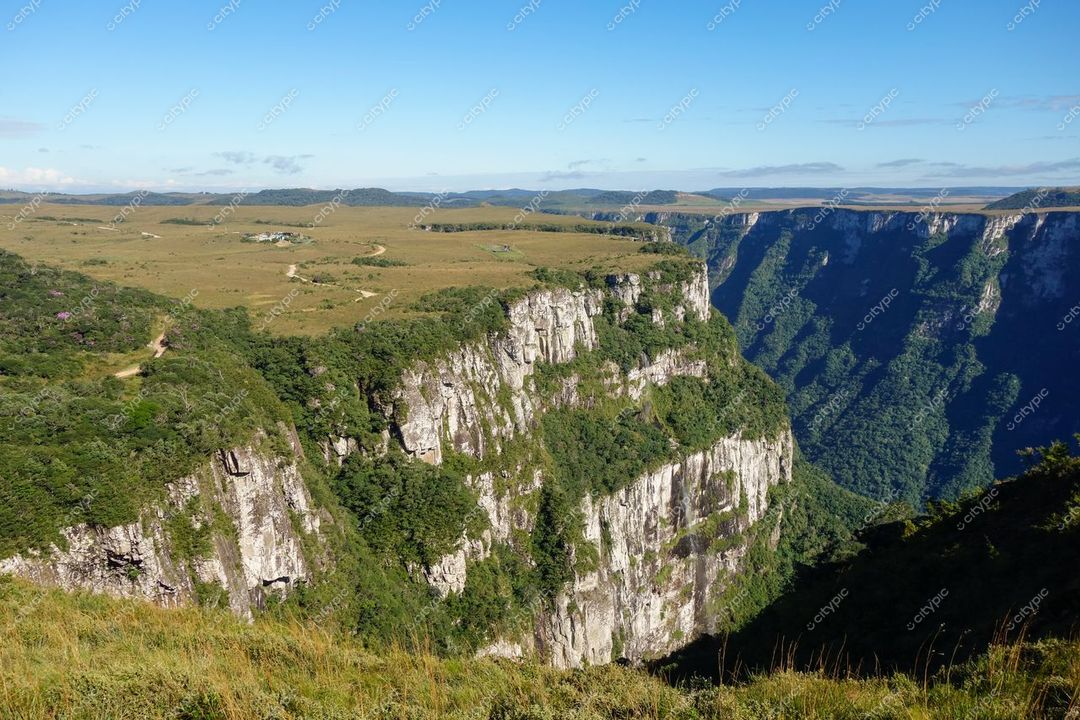 Cambará do Sul, Rio Grande do Sul, paisagem de cânion com paredões rochosos e vegetação densa em dia claro