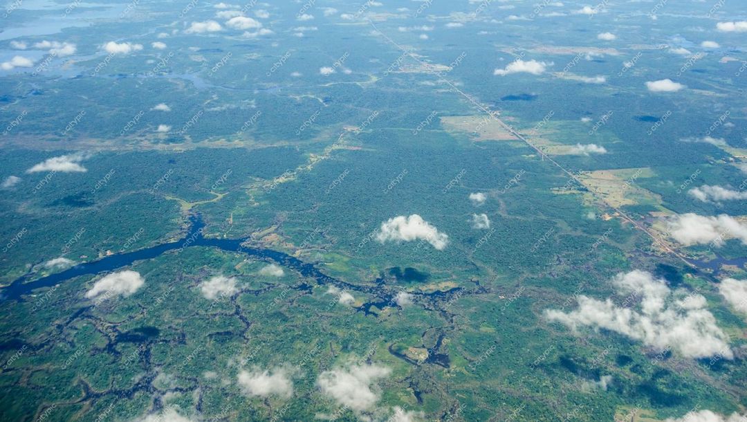 Manaus, Amazonas, vista aérea da vegetação densa com rios serpenteando sob céu azul e nuvens brancas